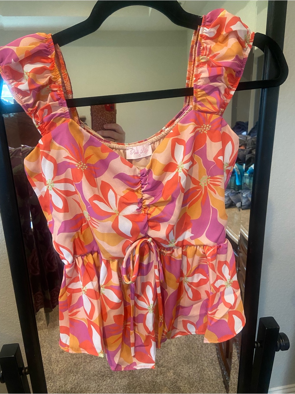 Pink Lily Floral Tie-Front Peplum Tank Top in Pink, Orange, White